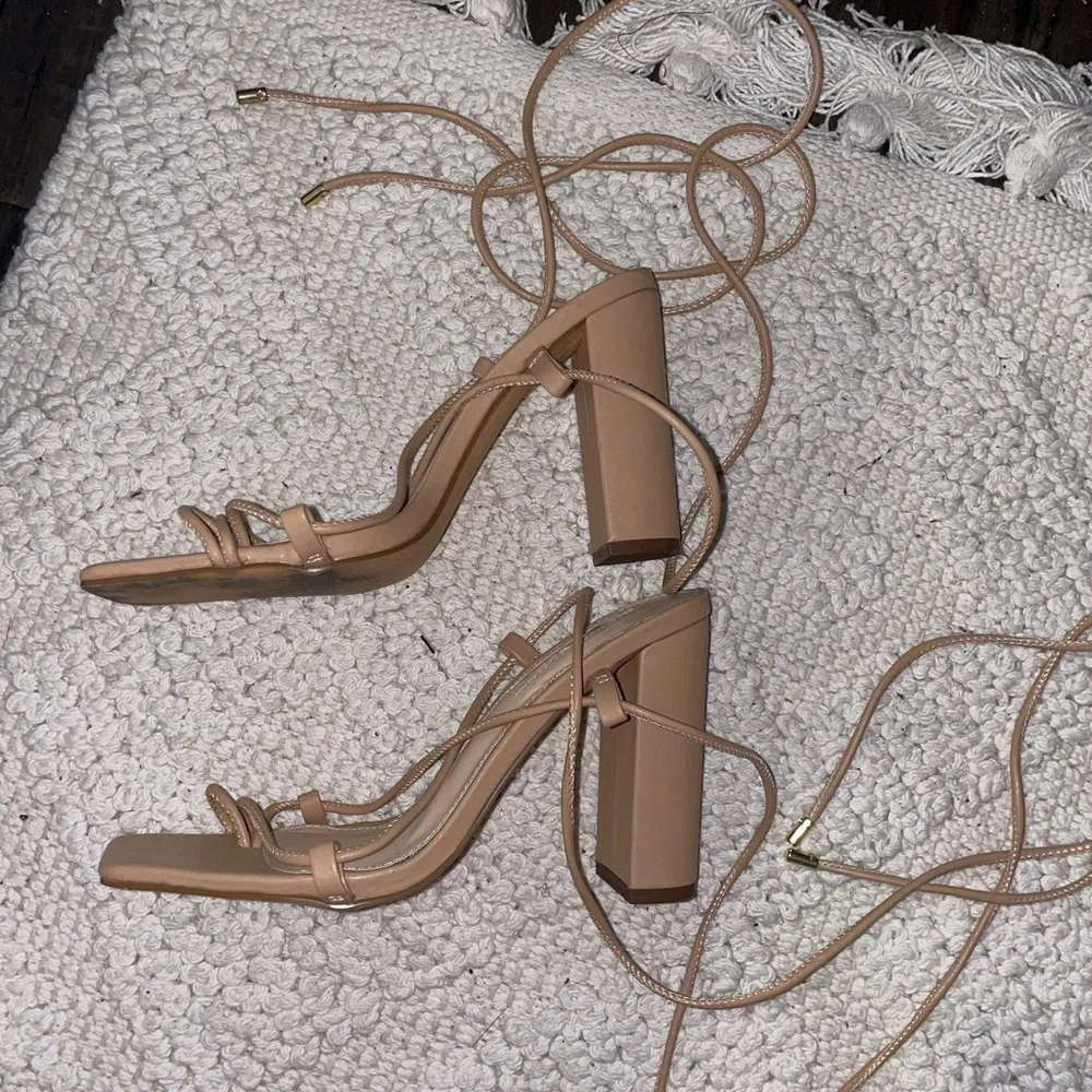 Cream Tan Lace Up Ankle Strap Chunky Heeled Square Toe Sandal